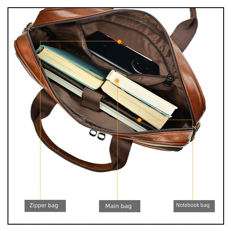 Men's Genuine Leather Office Bag With Trolley Strap