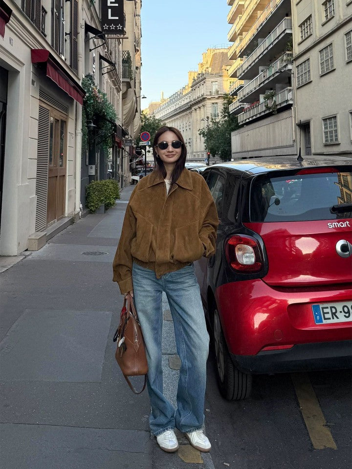 Brown Modern Biker Oversized Suede Jacket Women
