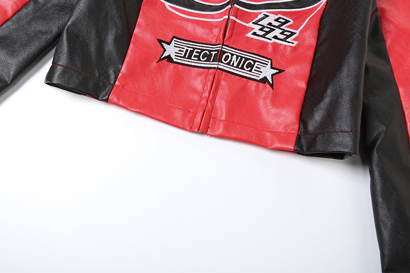 Women's Red Faux Leather Jacket with Cropped Biker Bomber Fit