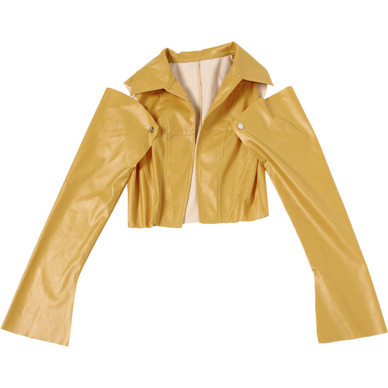 Cropped Faux Leather Jacket for Women with Detachable Sleeves