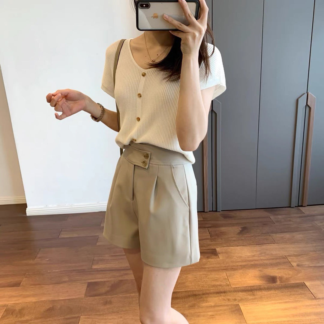 women high waisted shorts button detailed