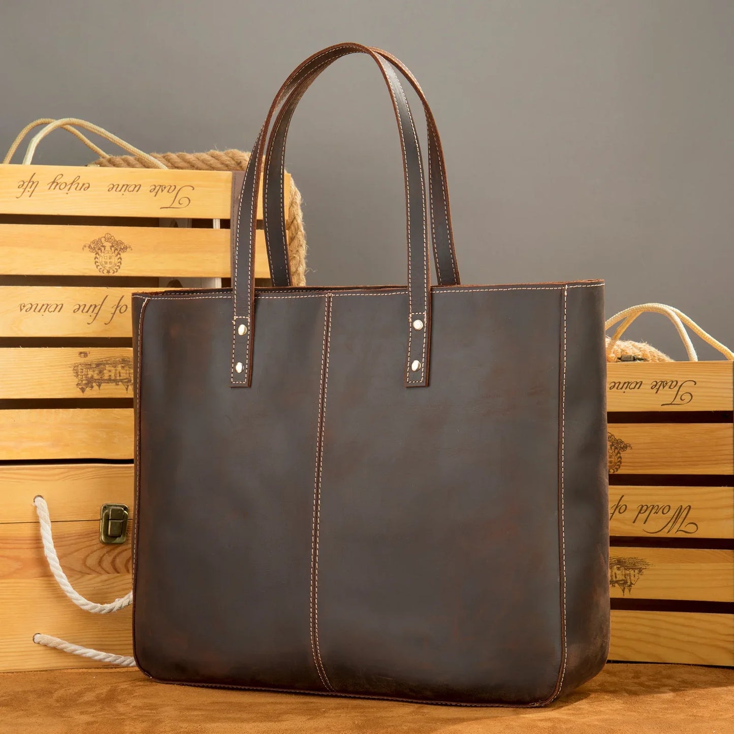 Brown Leather Tote Bag with Zipper for Men and Women