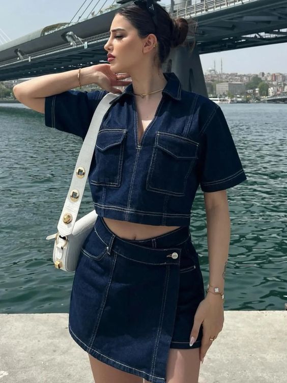 Two Piece Denim Short Set Skirt with Cropped Jean Top
