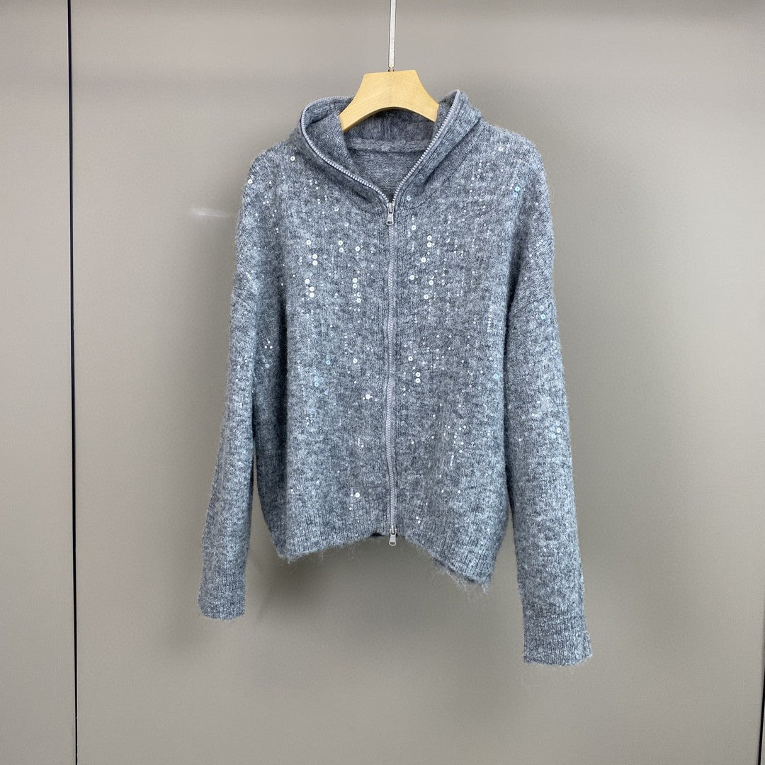 Women Mohair Cashmere Sequin Zip Cardigan Hoodie