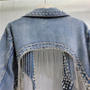 Women Beaded Fringe Tassels Rivet Denim Cropped Jacket