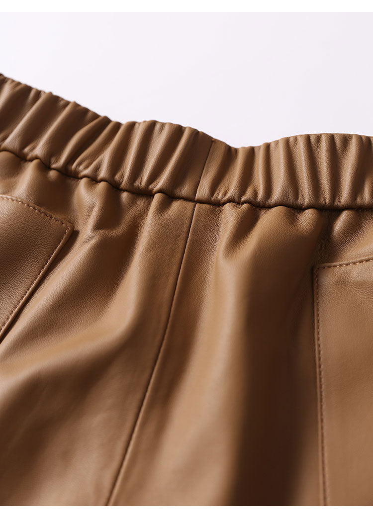 Women’s Genuine Sheepskin Leather High Waist Shorts with Pockets