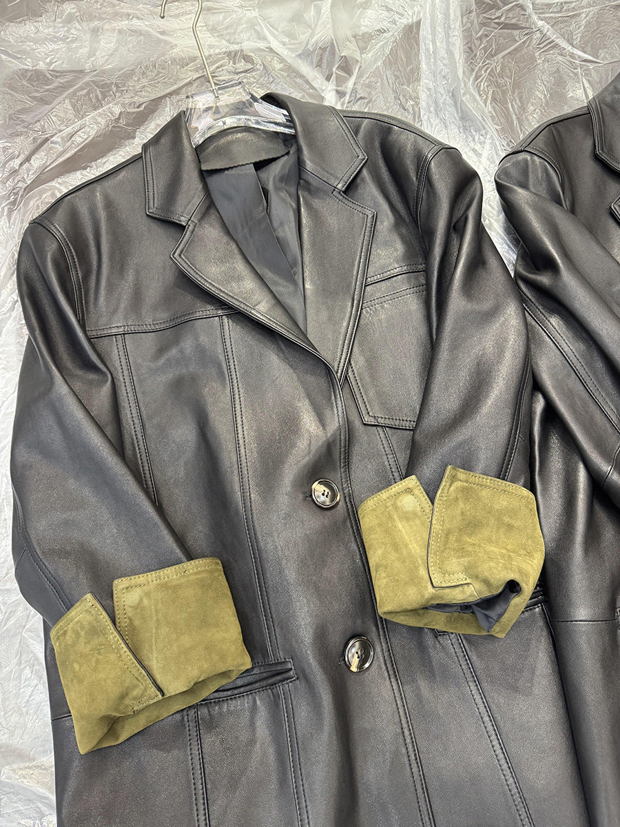 Women Leather Jacket Mid-Length Blazer with Suede Cuffs