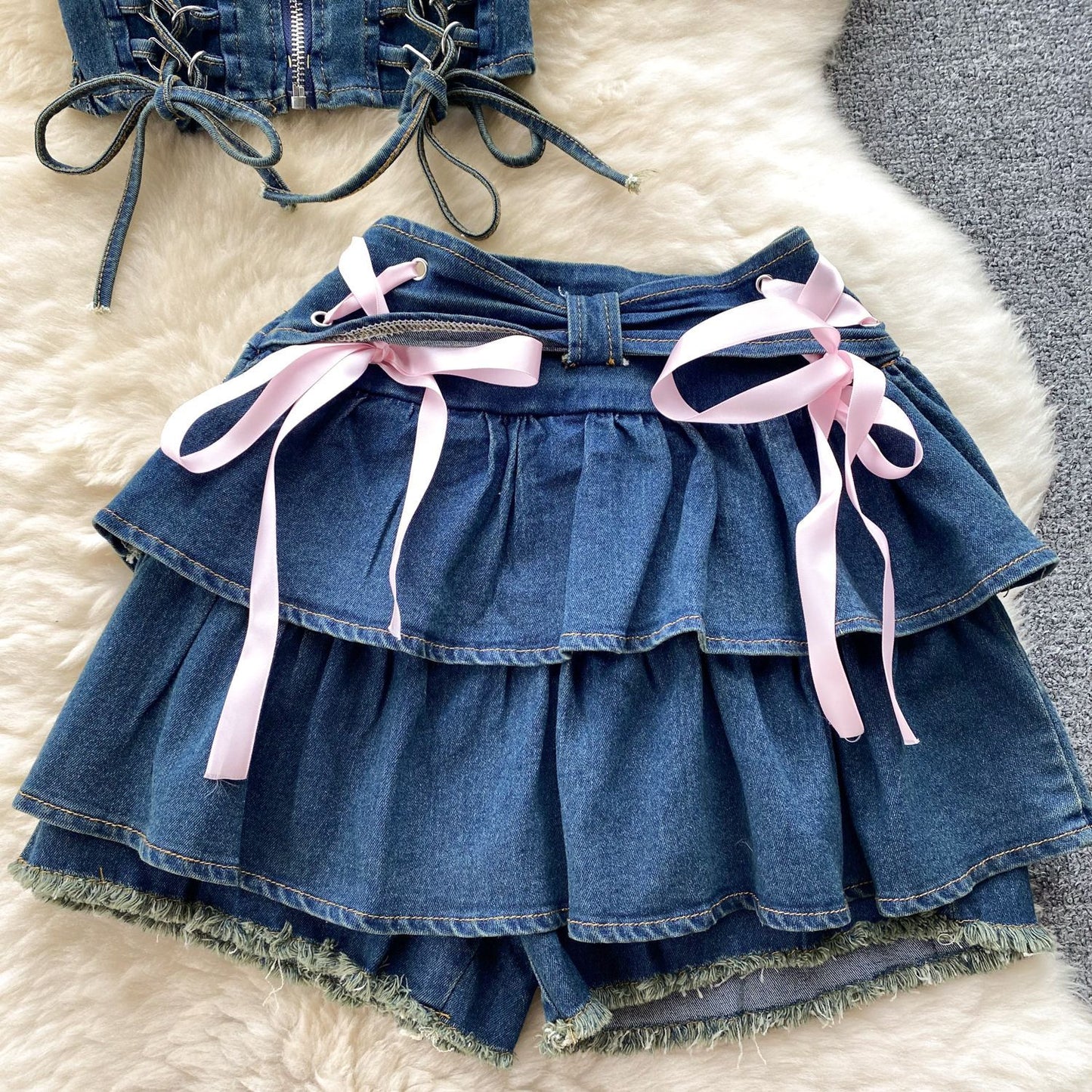 Denim Two Piece Set with Corset Top and Tiered Skirt Shorts