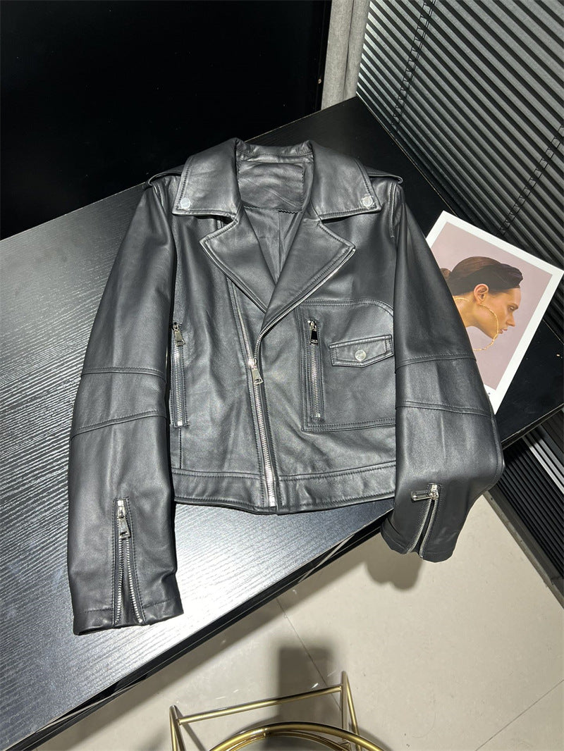 Women’s Genuine Leather Bomber Moto Jacket Black Short Fit