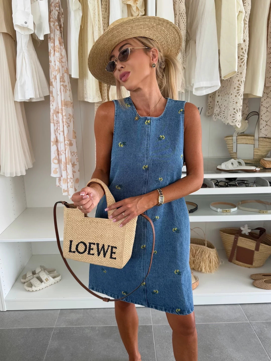 Sleeveless Denim Dress with Floral Embroidery