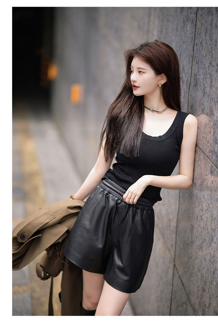 Women’s High Waisted Black Leather Shorts Wide-Leg