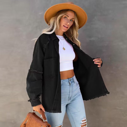 Oversized Denim Long Jacket Women Frayed Hem