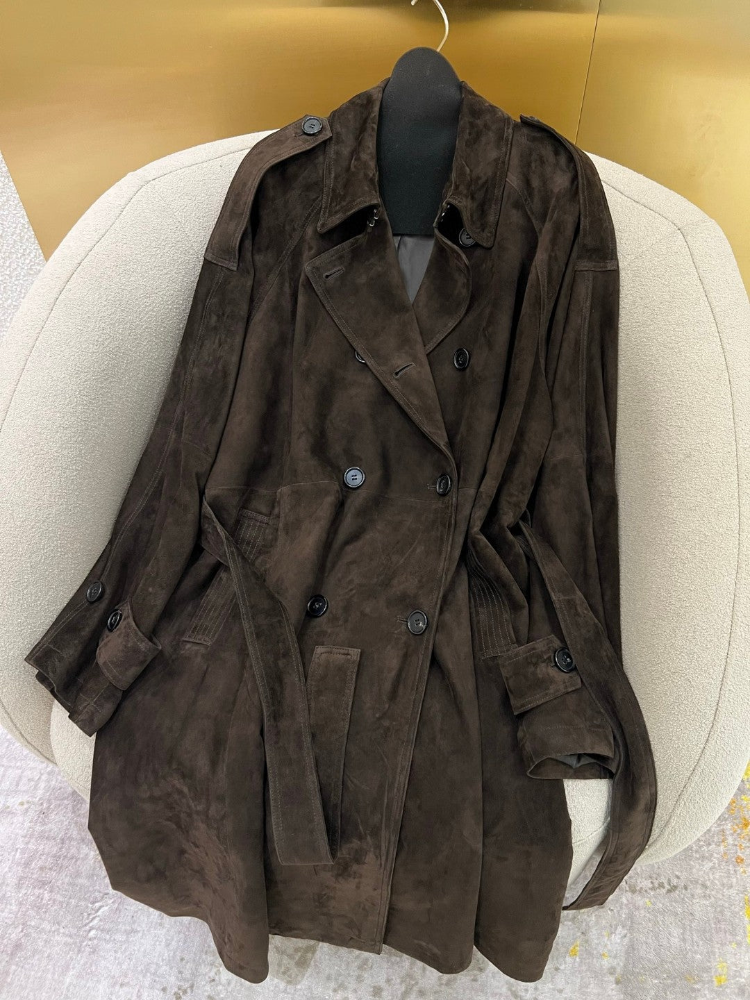 Women’s Brown Suede Double-Breasted Trench Coat with Belt