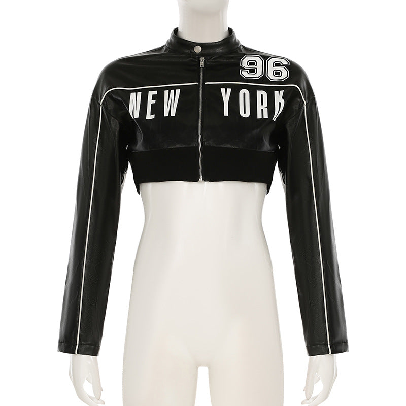 Cropped Faux Leather Jacket Women Moto Bomber Style