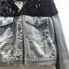 Women Spliced Denim Cropped Jacket with Lace Overlay