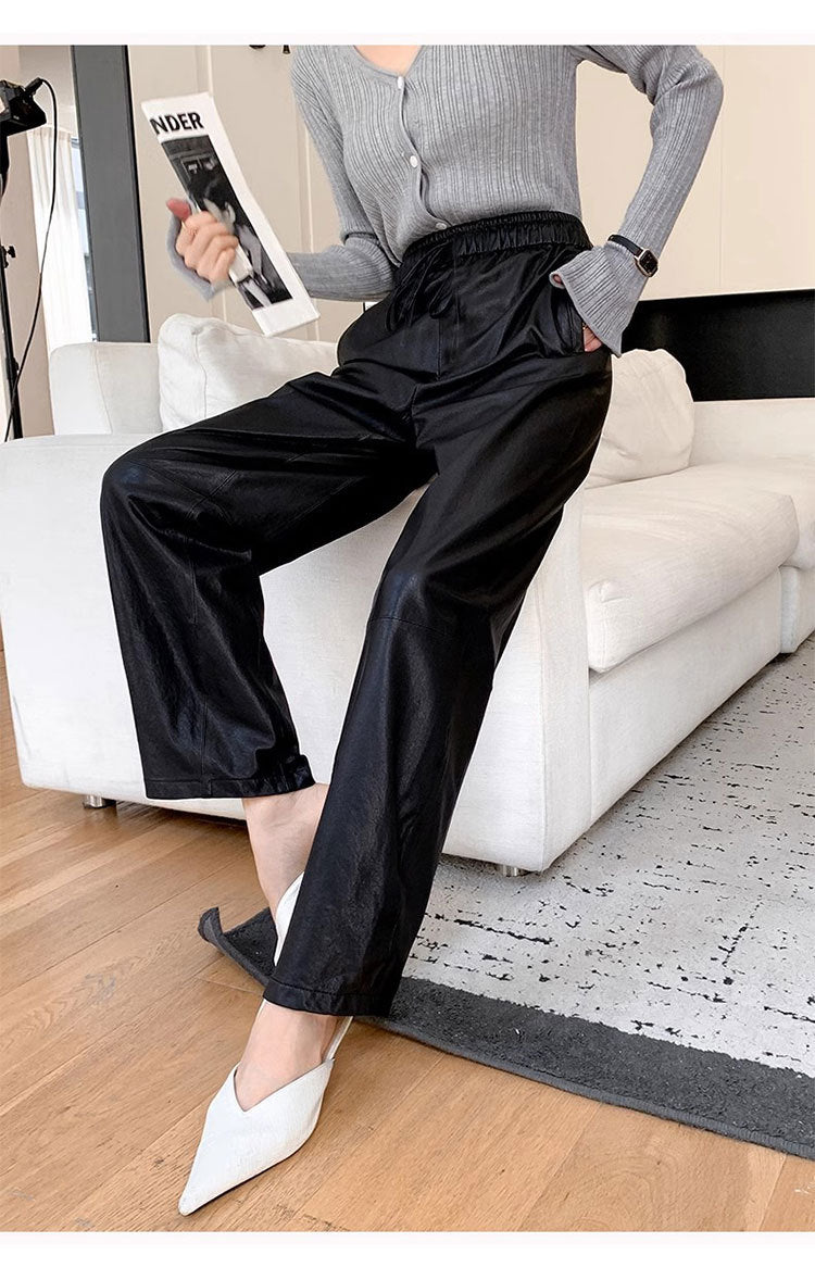 Women’s Leather Trousers High-Waisted Black Wide-Leg Pants