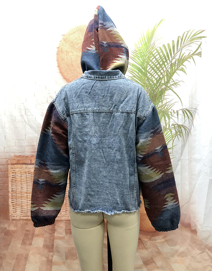 Oversized Hooded Patchwork Jean Jacket Western Aztec