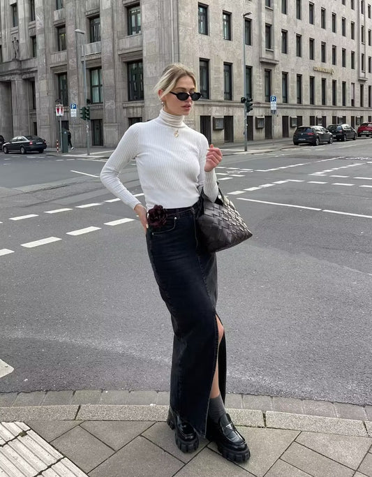 long denim skirt outfit