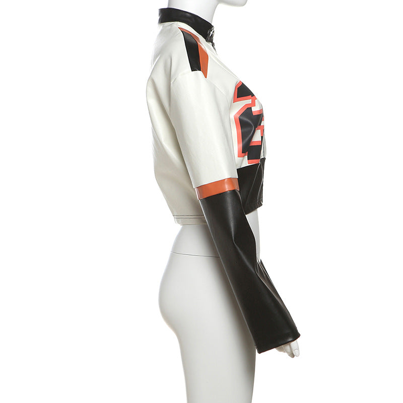 Cropped Faux Leather Bomber Jacket With Patch