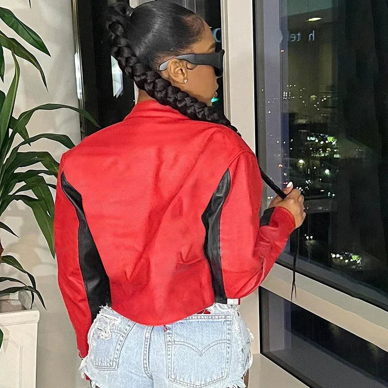 Women's Red Faux Leather Jacket with Cropped Biker Bomber Fit