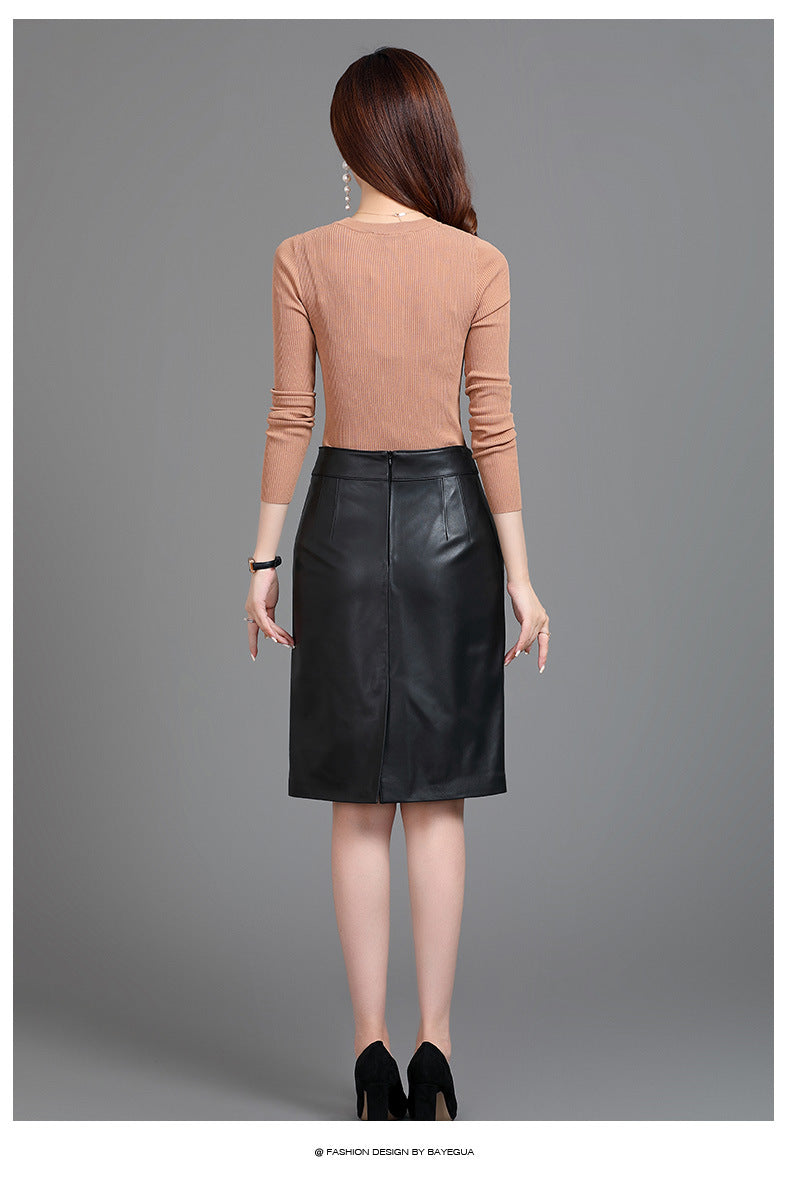 Women Leather Skirt High Waist Mid-Length with Back Slit