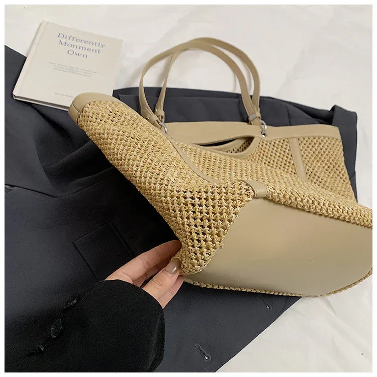 Woven Straw Beach Bag with PU Leather Trim