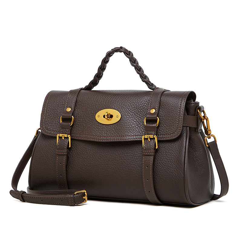 Black Leather Shoulder Bag for Women Braided Handle