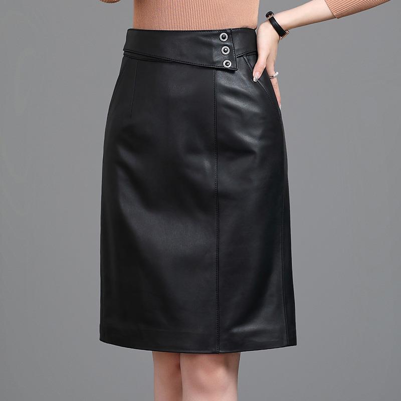 Women Leather Skirt High Waist Mid-Length with Back Slit