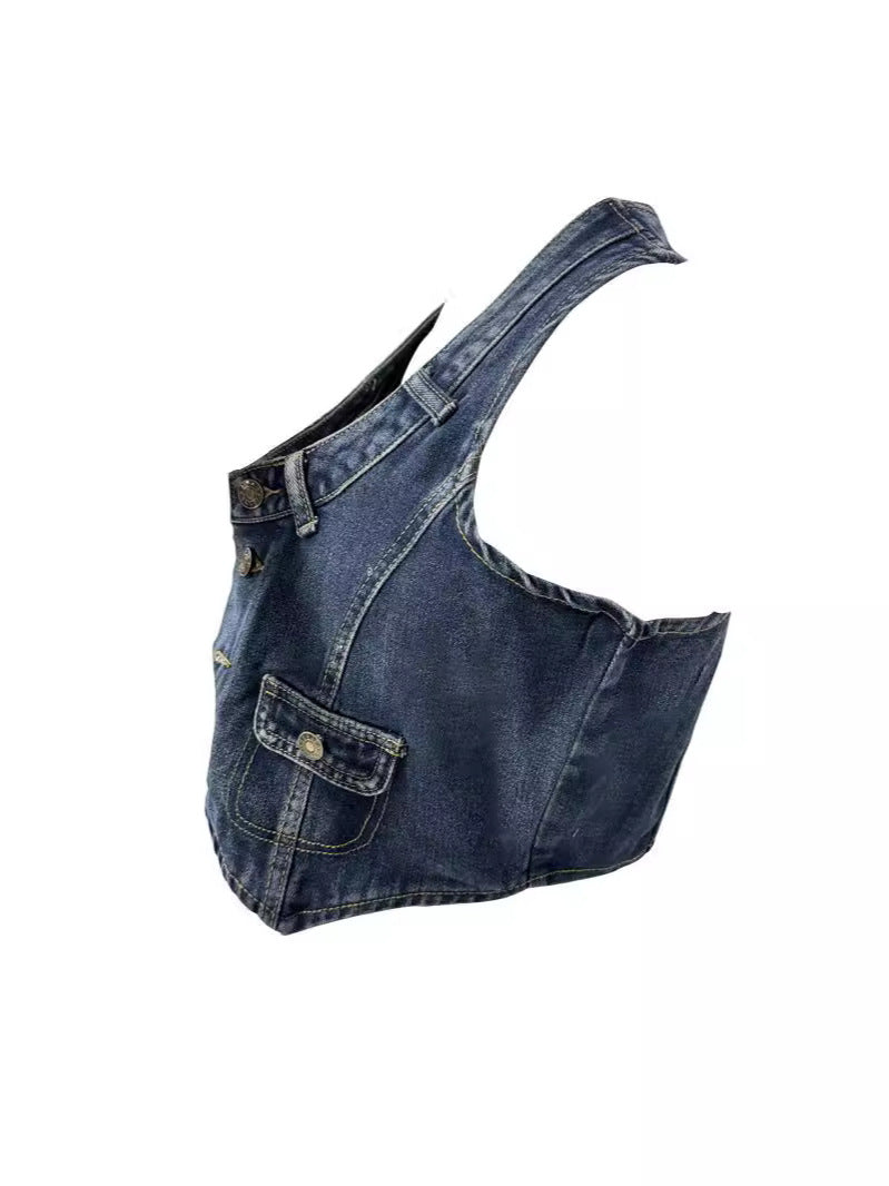 Women’s Denim Corset Vest Top with Deep Neckline