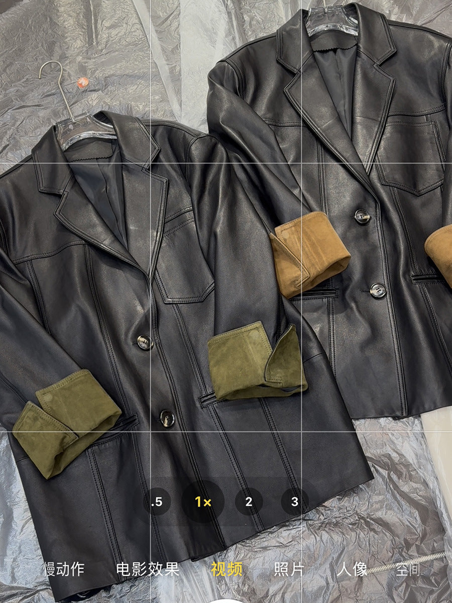 Women Leather Jacket Mid-Length Blazer with Suede Cuffs