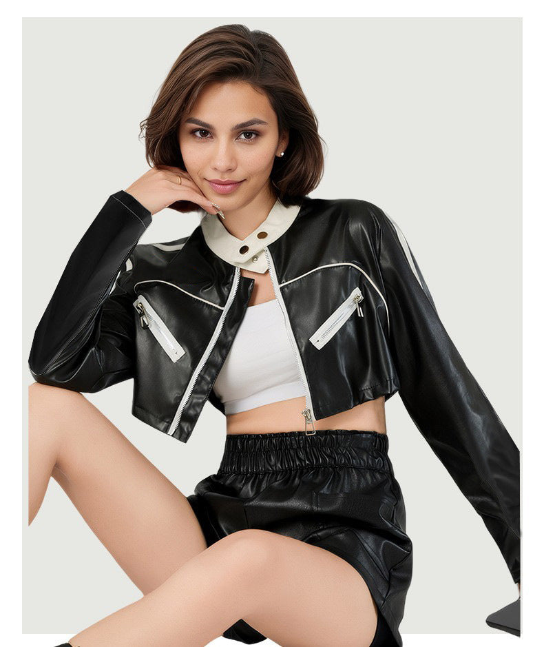 Black Cropped Faux Leather Moto Biker Jacket