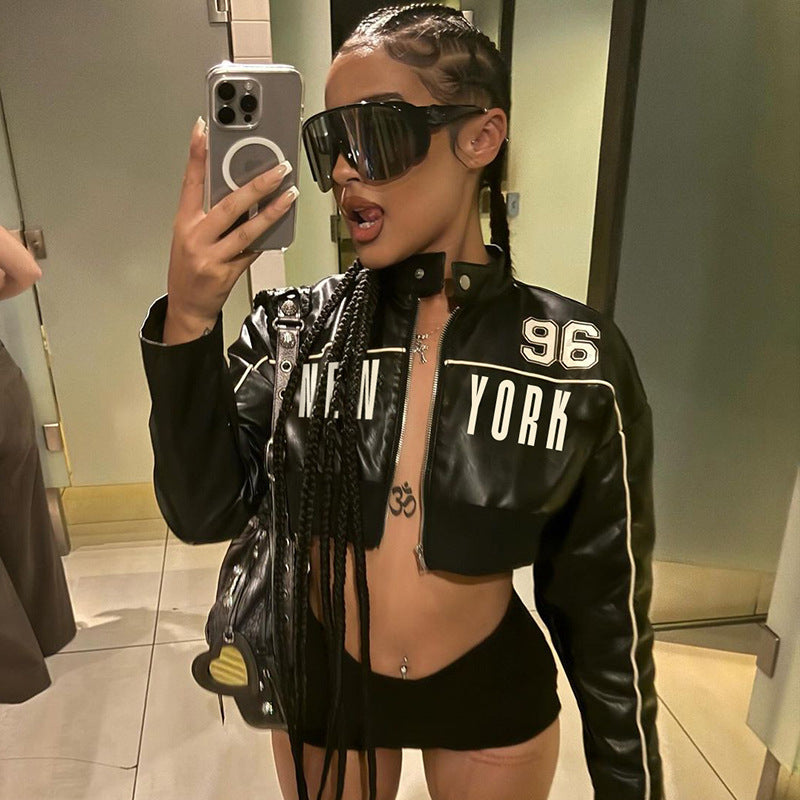 Cropped Faux Leather Jacket Women Moto Bomber Style