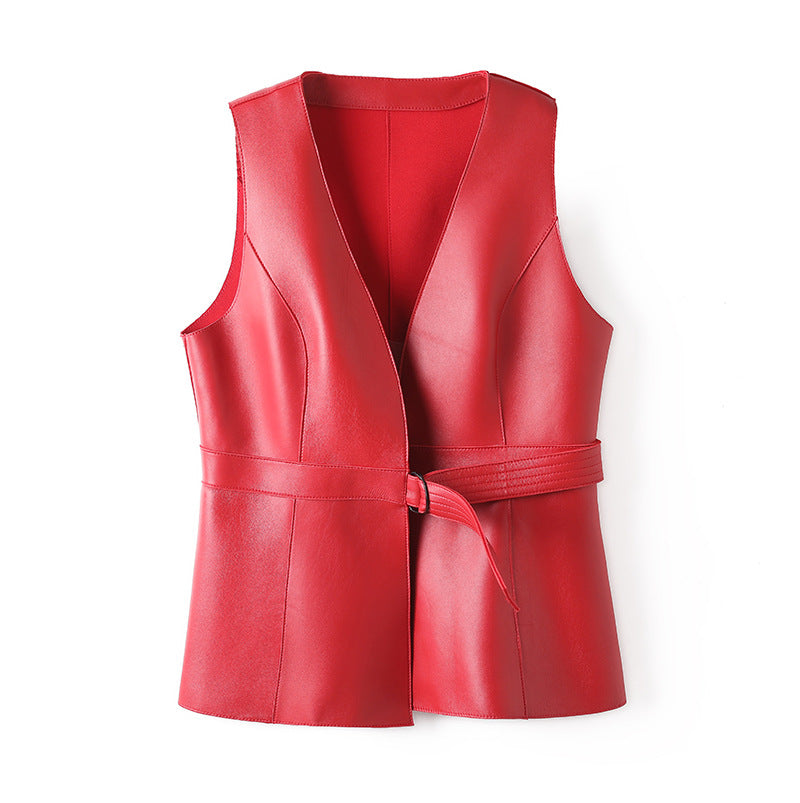 Women leather Vest with Belt Slim Waist Biker Style