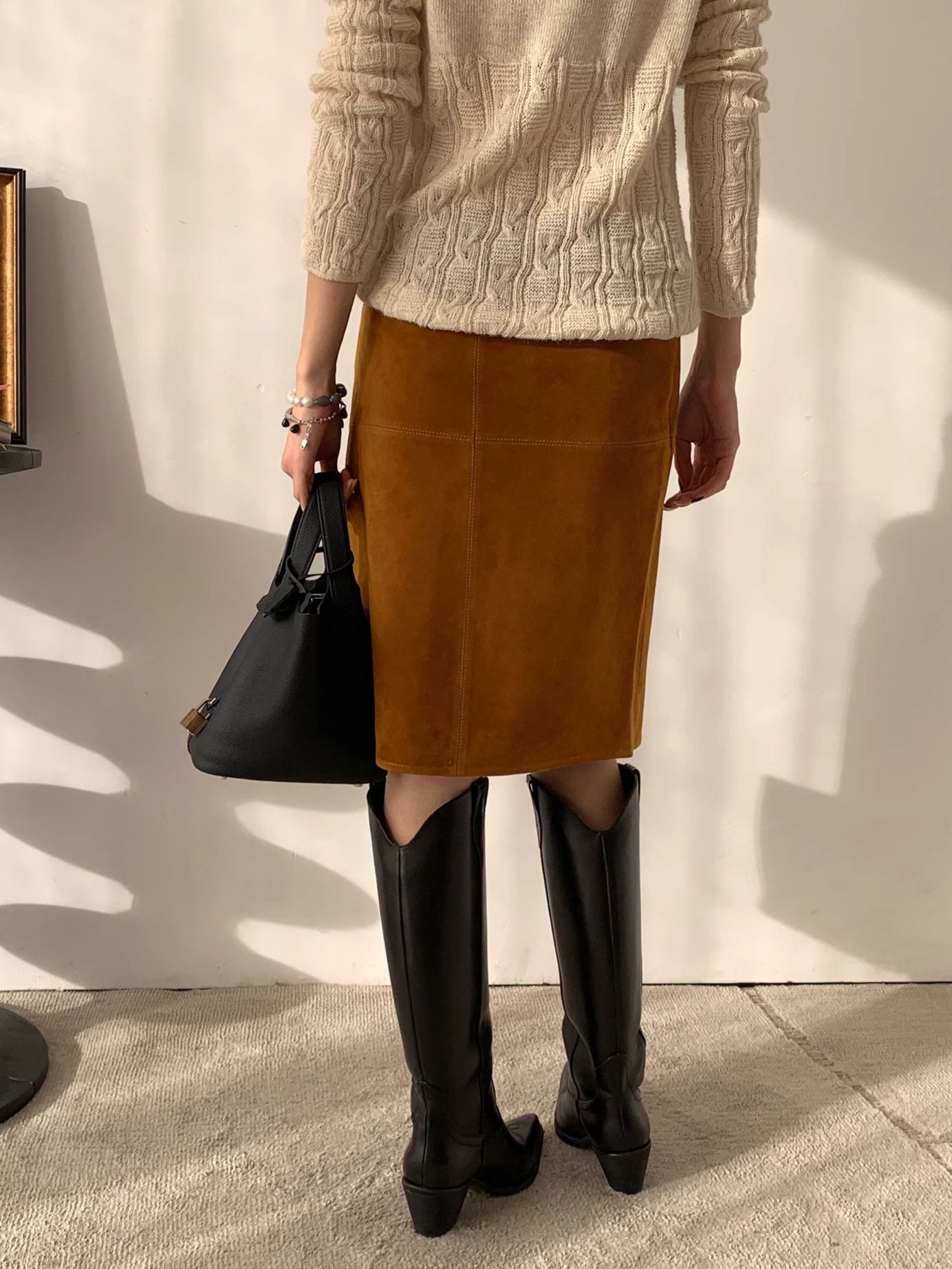 Genuine Leather Suede Skirt with Zipper Tassel and Side Slit