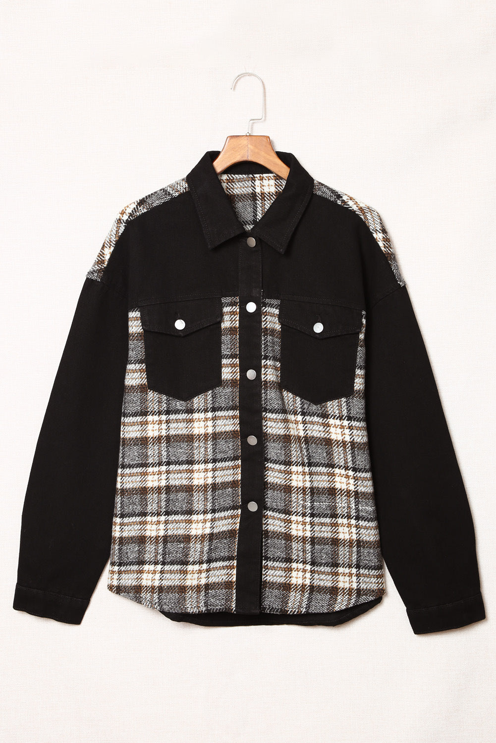 Black Plaid Patchwork Oversized Denim Shirt Jacket for Women