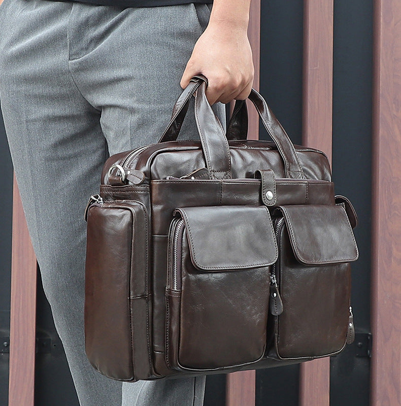 Genuine Leather Office Briefcase Laptop Bag with Trolley Sleeve for Men