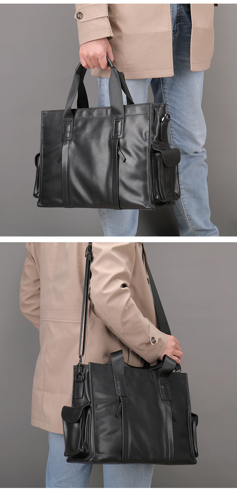Black Leather Briefcase Messenger Bag for Work and Travel