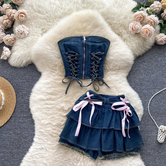 Denim Two Piece Set with Corset Top and Tiered Skirt Shorts