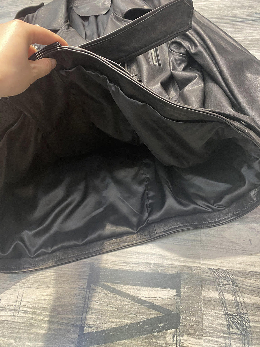 Women Oversized Genuine Leather Motorcycle Jacket Retro Washed