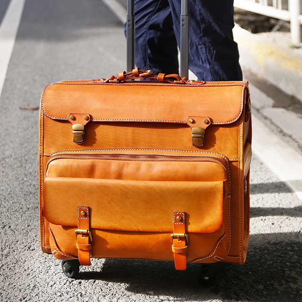Genuine Leather Trolley Suitcase 20 Inch Cowhide Carry-On Luggage