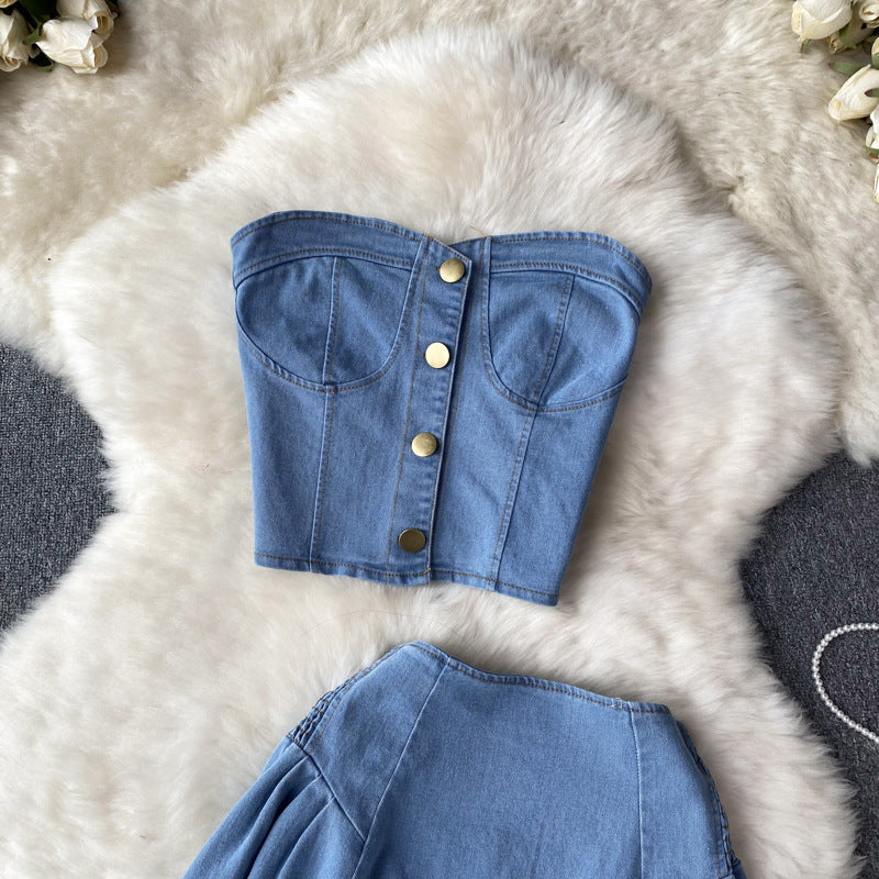 High Waist Denim Two Piece Skirt Set with Bustier Top for Women