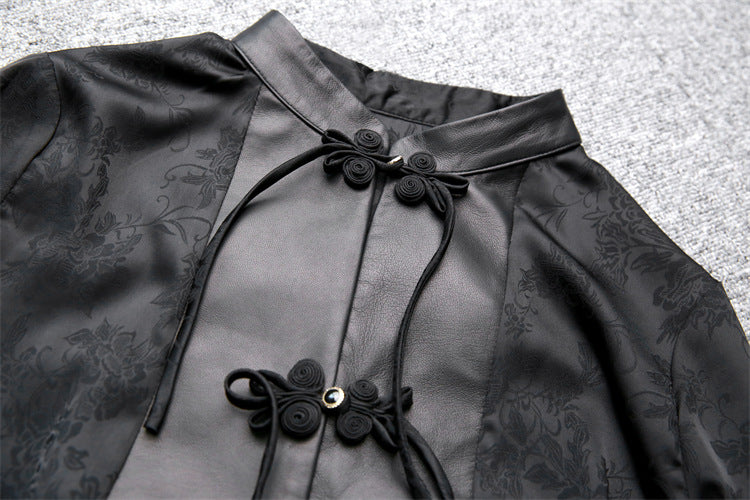 Leather Top for Women with Jacquard Sleeves and Mandarin Collar