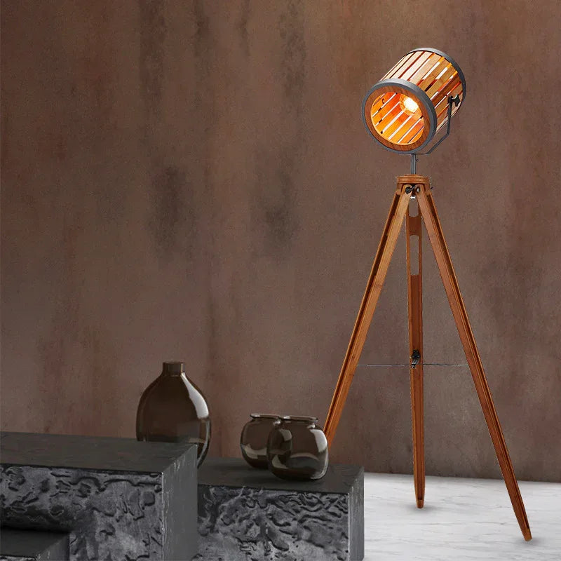 Vintage Bamboo Tripod Floor Lamp Handwoven Spotlight