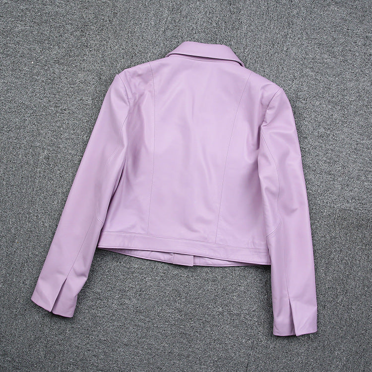 Women Cropped Pink Leather Jacket With Metal Lock