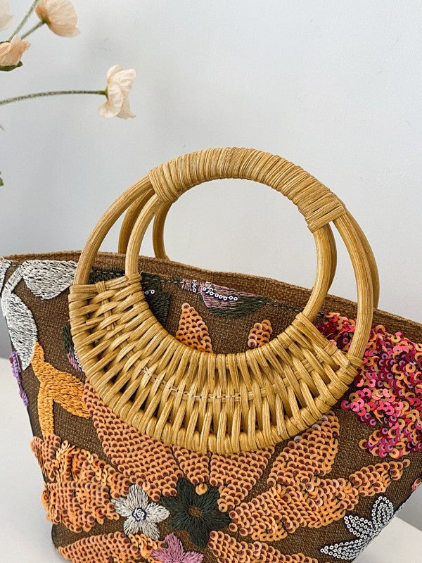 Woven Summer Straw Purse with Bamboo Handle