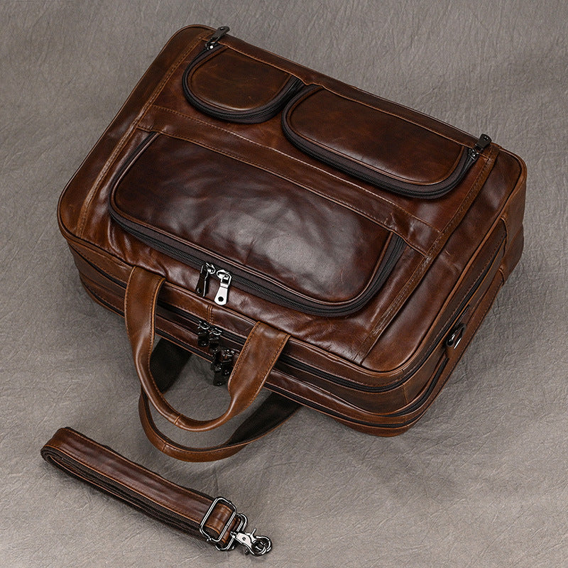 Genuine Leather Office Laptop Bag for Men with Trolley Sleeve