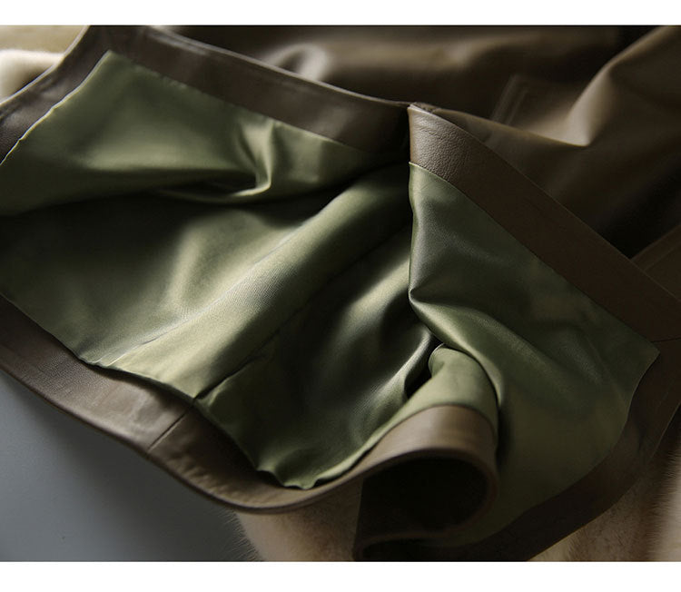 Olive Green Sheepskin Mid Length Leather Skirt with Belt and Slit
