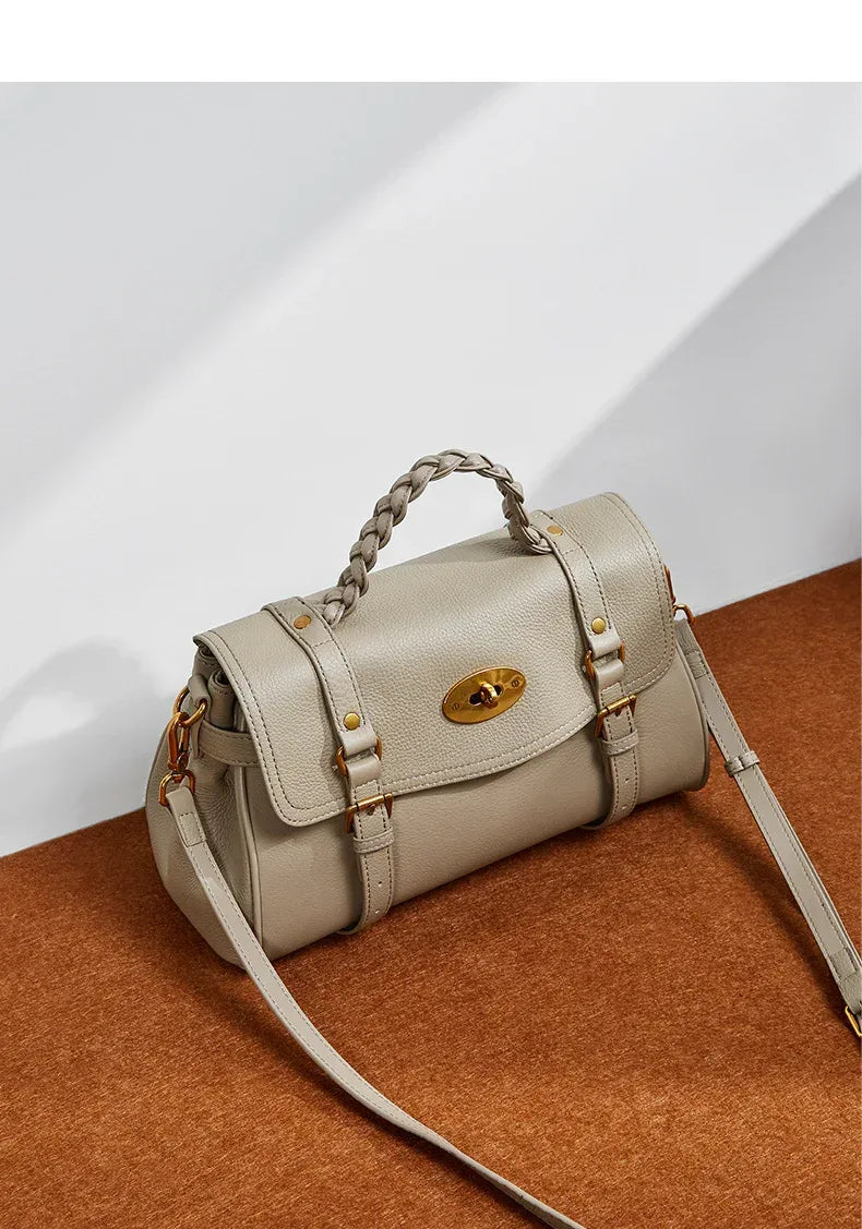 Black Leather Shoulder Bag for Women Braided Handle