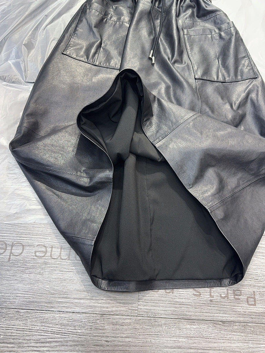 Women Leather Skirt Mid-Length with Pockets & Elastic Waist