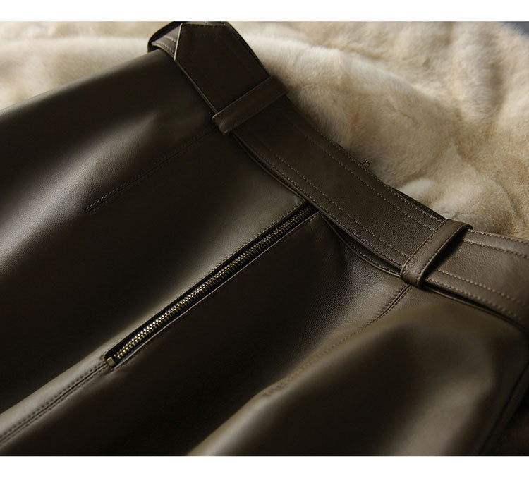Olive Green Sheepskin Mid Length Leather Skirt with Belt and Slit